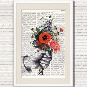 Dictionary Art Print HAND with FLOWERS, Botanical Dictionary Art, Dictionary Print, wall art, wall decor, flowers prints, floral decor, 109 image 2