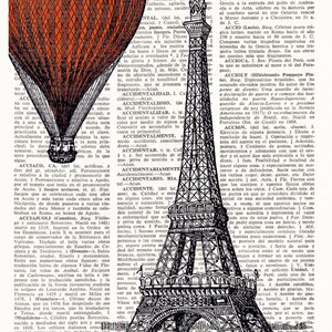 Dictionary Art Print EIFFEL TOWER and red BALLOON, Vintage illustration on antique book paper, Hot air balloon, Paris, chic prints, 002-red image 2