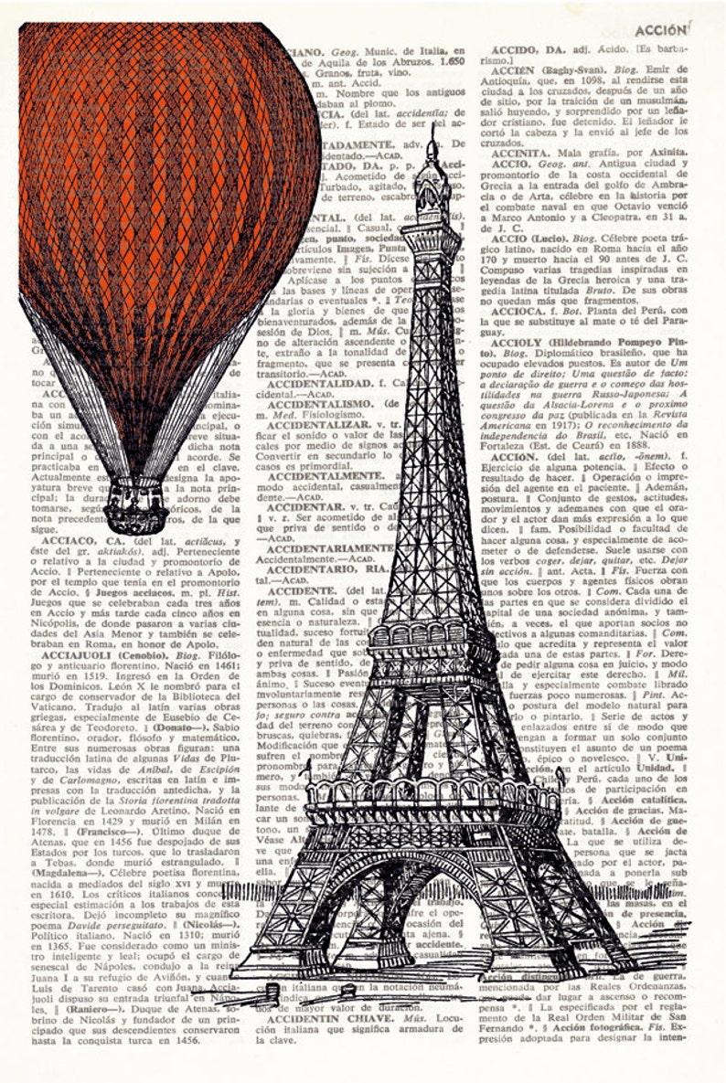 Dictionary Art Print EIFFEL TOWER and red BALLOON, Vintage illustration on antique book paper, Hot air balloon, Paris, chic prints, 002-red image 2