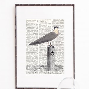 Print on Dictionary Paper SEAGULL, Wall Art Prints, Bird art print, Vintage Illustration, wooden mooring pole, Coastal Decor, Nautical, 128 image 1