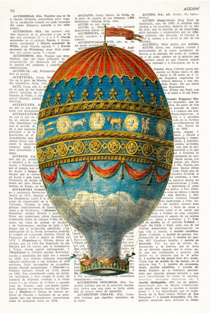 HOT AIR BALLOON Dictionary Print Antique Balloon Print Wall Etsy