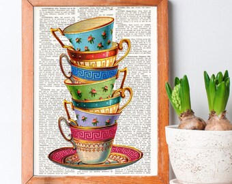 STACKING TEA CUPS Dictionary Art, Stacked tea cups, Vintage tea cups, Tea cup, kitchen wall art, Kitchen Print, Wall Decor, tea art, #155