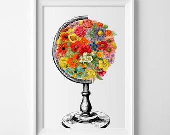 FLOWERED WORLD Print, flowered earth, world with flowers, world school globe, flowered globe, vintage globe, world globe, geography, #216