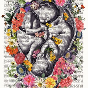 FLOWERED TWINS Dictionary Art Print, Twin Fetus, Womb, Uterus, anatomy print, Mother of two, new mom gift, baby shower, floral anatomy, 186 image 2