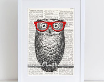 Dictionary Art Print SHORTSIGHTED OWL, Vintage illustration on antique book paper, Owl with red glasses, Quirky prints, hipster gifts, #012