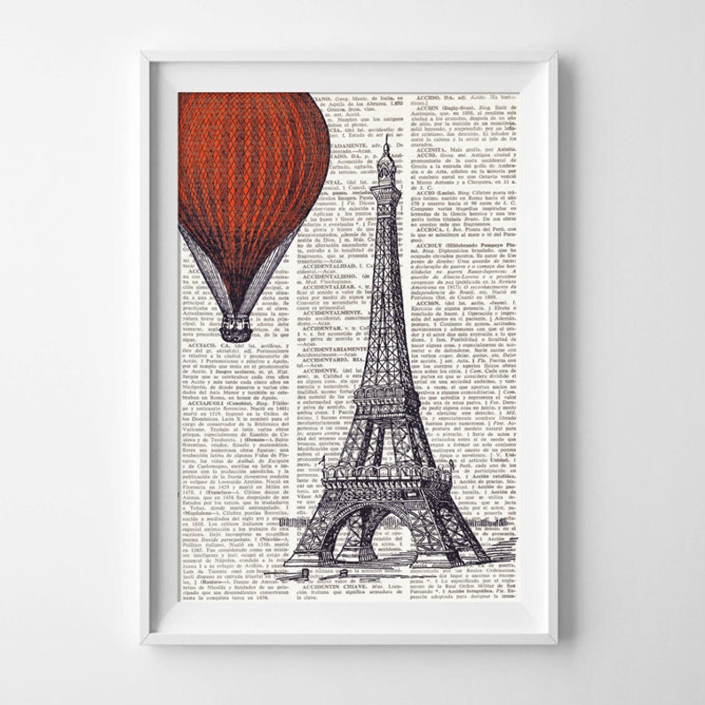 Dictionary Art Print EIFFEL TOWER and red BALLOON, Vintage illustration on antique book paper, Hot air balloon, Paris, chic prints, 002-red image 1