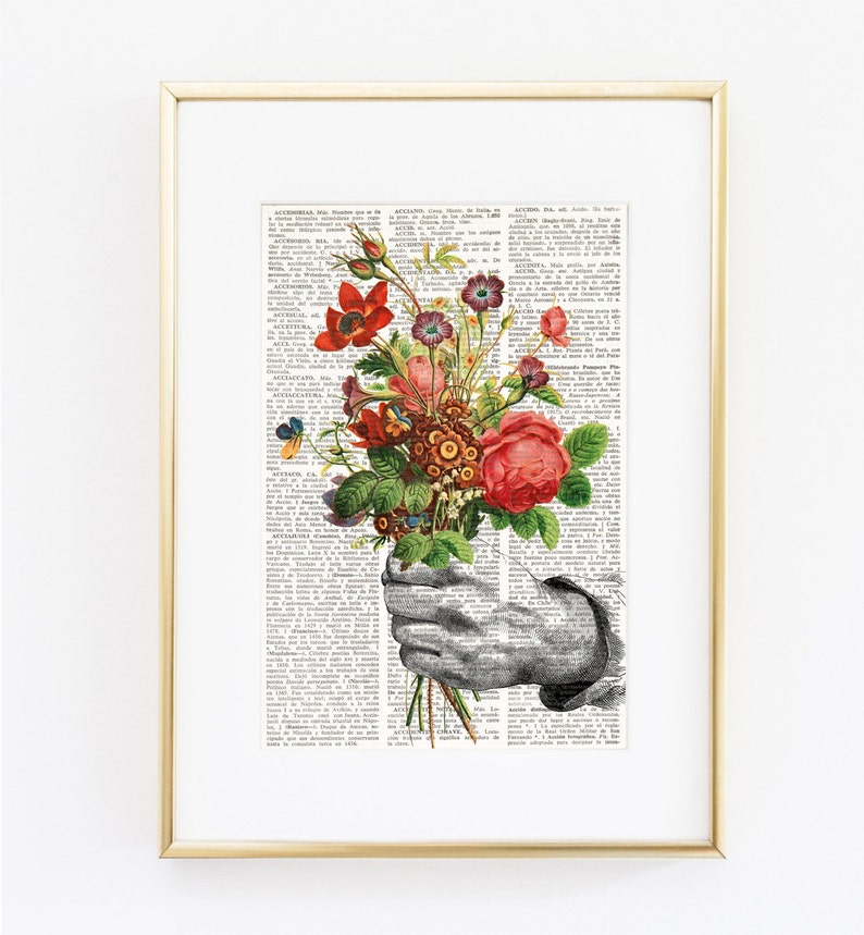 Dictionary Art Print HAND with FLOWERS, Botanical Dictionary Art, Dictionary Print, wall art, wall decor, flowers prints, floral decor, 197 image 1