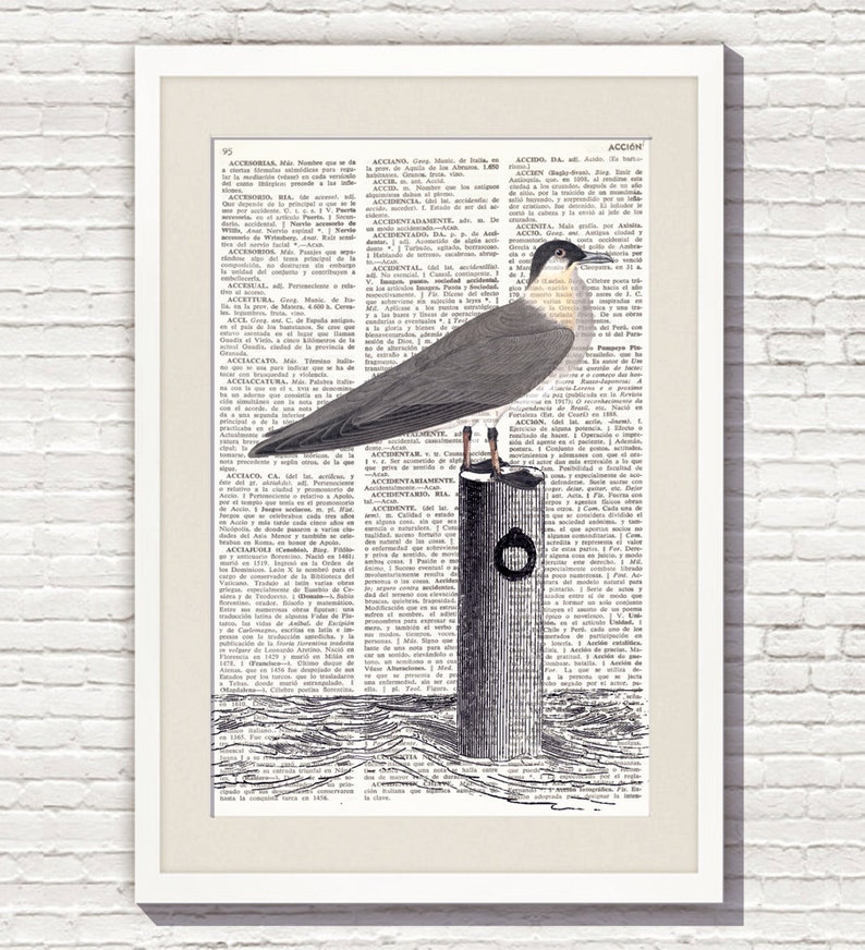 Print on Dictionary Paper SEAGULL, Wall Art Prints, Bird art print, Vintage Illustration, wooden mooring pole, Coastal Decor, Nautical, 128 image 2