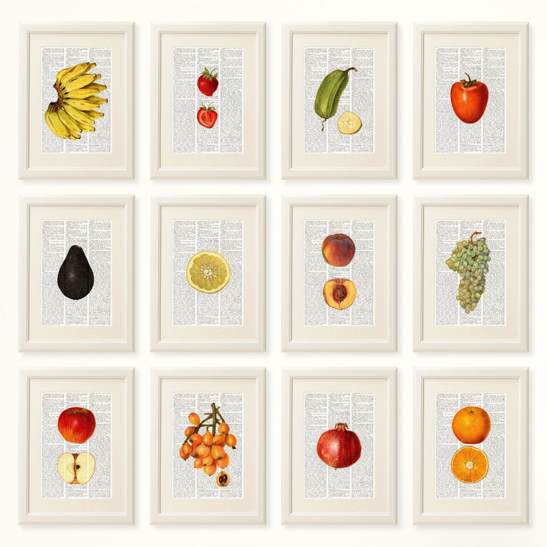 FRUITS Dictionary Art Print Set, Prints on Dictionary Pages, Wall Art, Wall Decor, Vintage