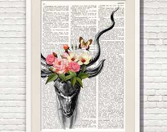 Dictionary Art Print DEER with FLOWERS, Collage Print on Vintage Dictionary Page. Artwork from old book. Vintage Wall Art, deer prints, #103