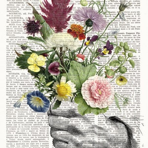 Dictionary Art Print HAND with FLOWERS, Botanical Dictionary Art, Dictionary Print, wall art, wall decor, flowers prints, floral decor, 196 image 2