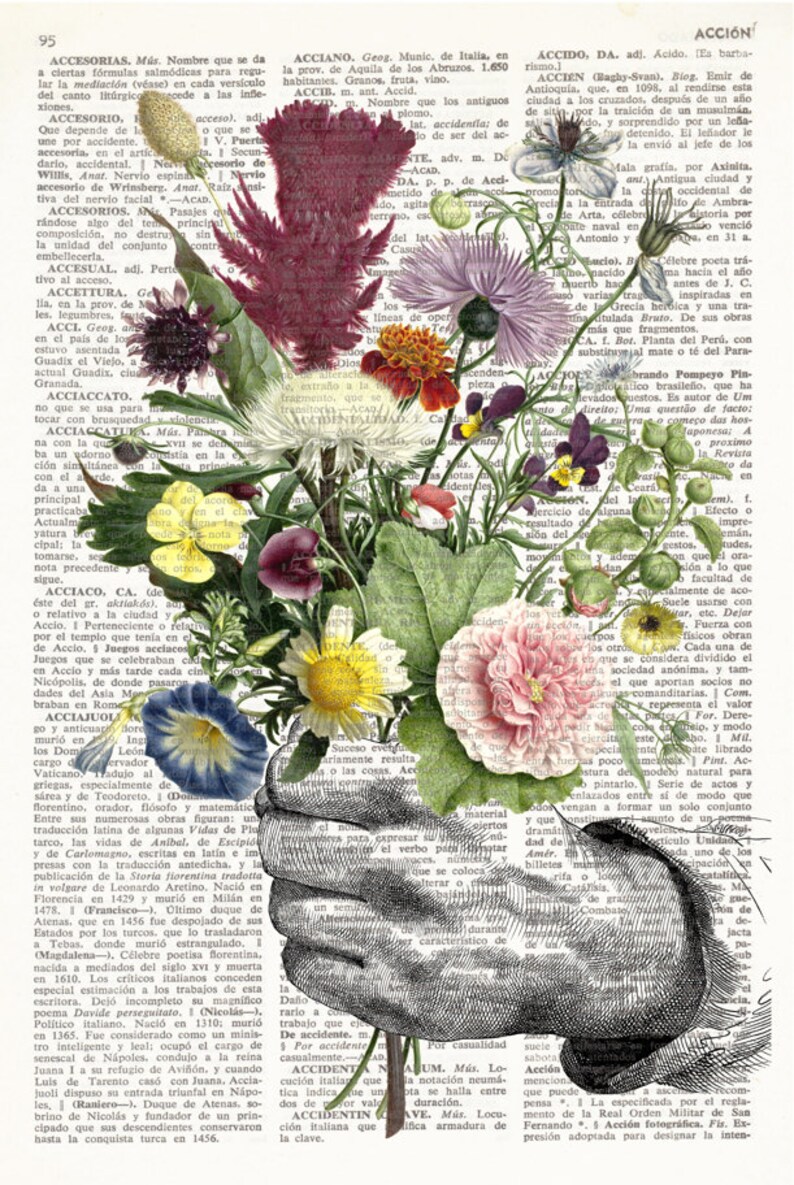 Dictionary Art Print HAND with FLOWERS, Botanical Dictionary Art, Dictionary Print, wall art, wall decor, flowers prints, floral decor, 196 image 2