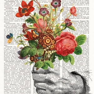 Dictionary Art Print HAND with FLOWERS, Botanical Dictionary Art, Dictionary Print, wall art, wall decor, flowers prints, floral decor, 197 image 2