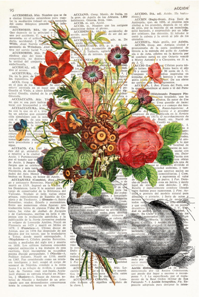 Dictionary Art Print HAND with FLOWERS, Botanical Dictionary Art, Dictionary Print, wall art, wall decor, flowers prints, floral decor, 197 image 2