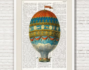 HOT AIR BALLOON Dictionary Print, Antique Balloon print, wall art, Montgolfier, Air Balloon Dictionary Art Print, Balloon Decoration #153-10