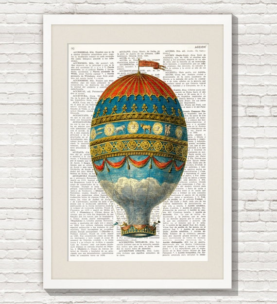 Antique Book page Art Print-Hot Air Balloon 9 Upcycled Dictionary Wall Art Print