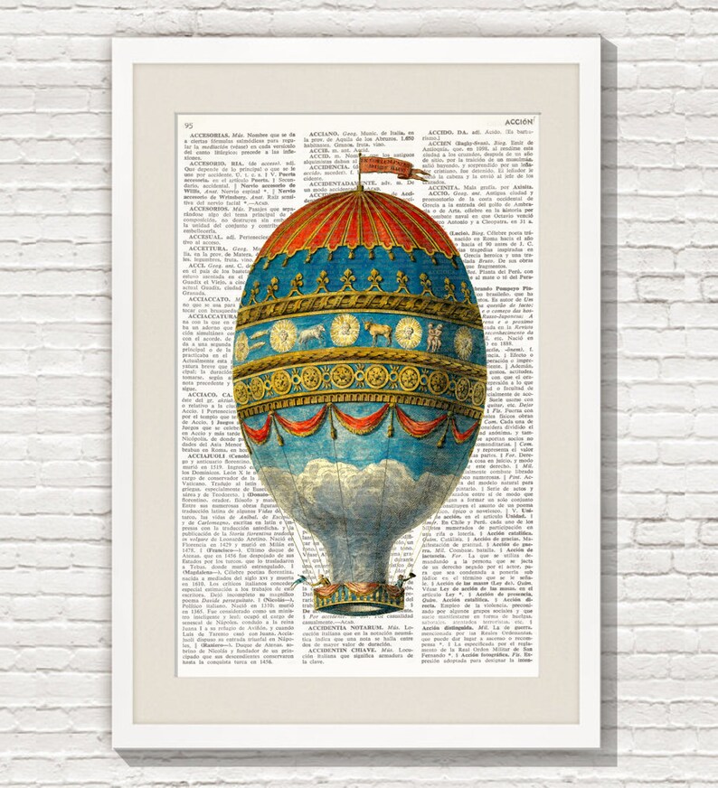 HOT AIR BALLOON Dictionary Print Antique Balloon Print Wall Etsy