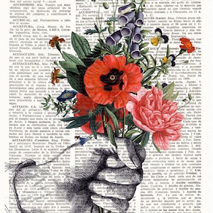 Dictionary Art Print HAND with FLOWERS, Botanical Dictionary Art, Dictionary Print, wall art, wall decor, flowers prints, floral decor, 109 image 3