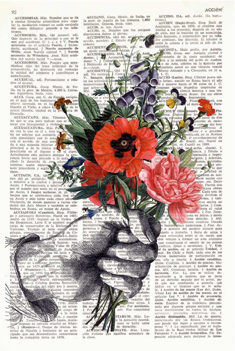 Dictionary Art Print HAND with FLOWERS, Botanical Dictionary Art, Dictionary Print, wall art, wall decor, flowers prints, floral decor, 109 image 3