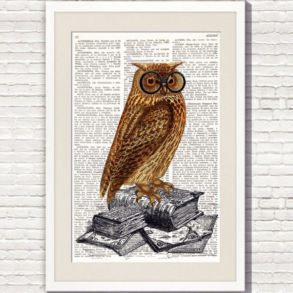 Dictionary Art Print NERD OWL, Vintage illustration, wise owl with glasses, vintage books engraving, geekery, college dorm decor, #144