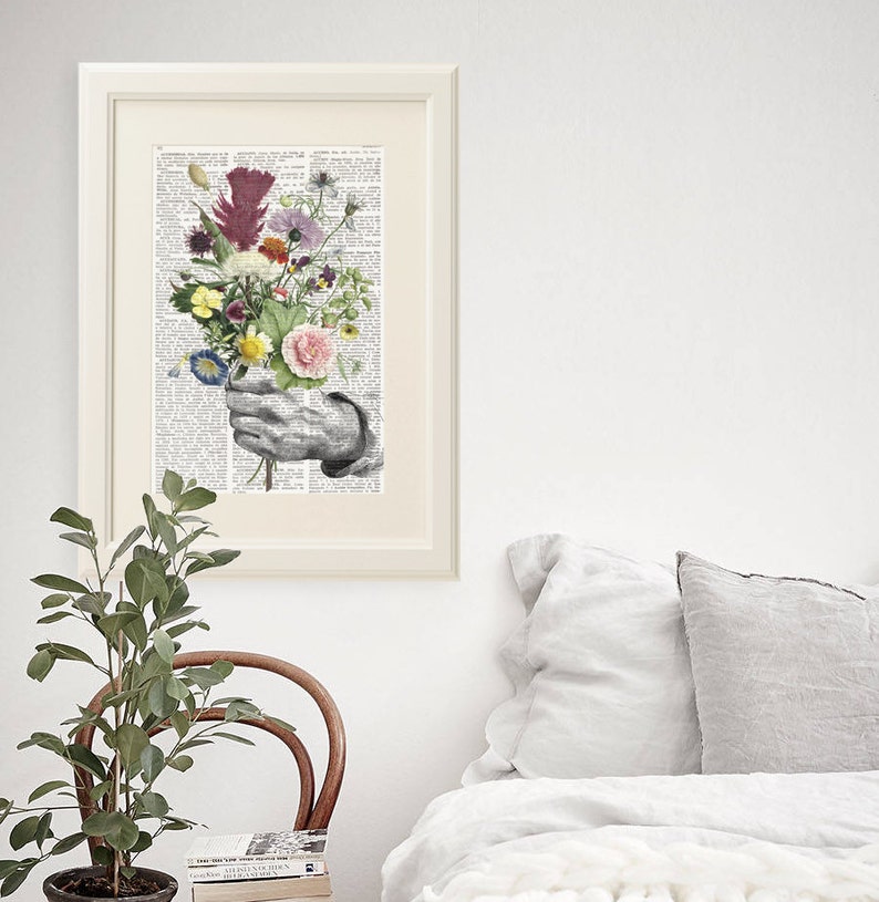 Dictionary Art Print HAND with FLOWERS, Botanical Dictionary Art, Dictionary Print, wall art, wall decor, flowers prints, floral decor, 196 image 3