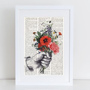 Dictionary Art Print HAND with FLOWERS, Botanical Dictionary Art, Dictionary Print, wall art, wall decor, flowers prints, floral decor, 109 image 1