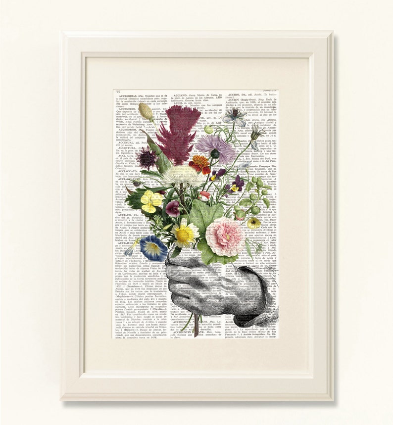 Dictionary Art Print HAND with FLOWERS, Botanical Dictionary Art, Dictionary Print, wall art, wall decor, flowers prints, floral decor, 196 image 1