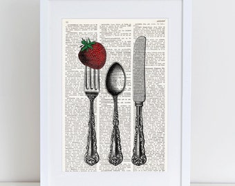 CUTLERY and STRAWBERRY Dictionary Art Print, Silverware, wall hanging art, antique book paper, Fork, Spoon, knife, Kitchen decor print, #119