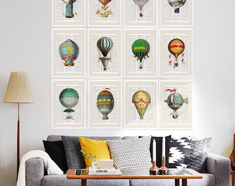 HOT AIR BALLOONS Dictionary Art Print Set, Prints on Dictionary Pages, Wall Art, Wall Decor, vintage balloons, nursery room decor, #153