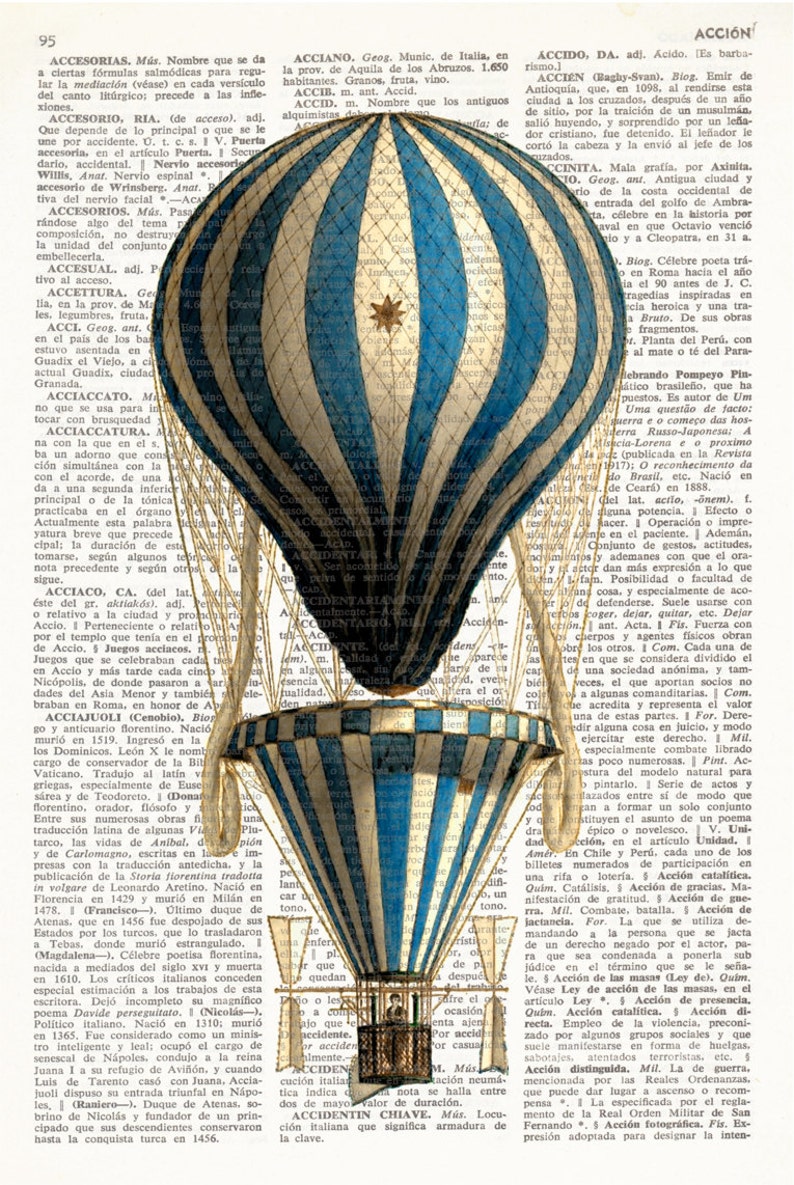 HOT AIR BALLOON Dictionary Print, Antique Balloon Print, Wall Art