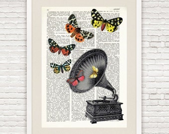 Dictionary Art Print GRAMOPHONE and BUTTERFLIES, Wall Art, Fun decor, prints for music lovers, gramophone engraving, victorian prints, #028