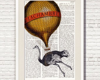 OSTRICH LEARNS to FLY Dictionary Page Art Print, Wall Decor, Hot Air Balloon, Bird, Vintage, Quirky Prints, Whimsical decor, wall art, #116