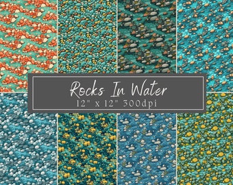 Rotsen In Water Illustratie Ambachtelijke Papier Digitale Download Naadloos Patroon