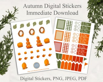 Autumn Pumpkin and Leaf Planning and Crafting Stickers - Digital Download