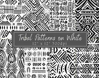 Zwarte tribale patronen op wit ambachtelijk papier digitale download