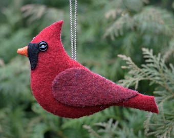 Cardinal, Red Bird, Wool Ornament, Handmade Bird Ornament