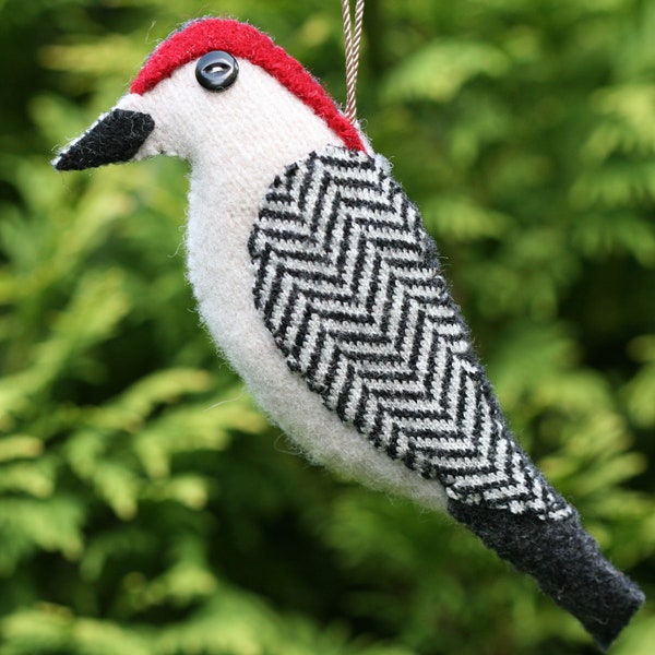 Felted Wool Red Bellied Woodpecker Ornament, Recycled Wool Sweater Ornament, Handmade Bird Ornament