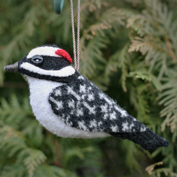Downy Woodpecker Ornament, Recycled Wool Ornament, Handmade Bird Ornament