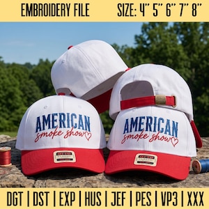 May include: A white baseball cap with a red brim featuring the embroidered text AMERICAN smoke show and a red heart. The cap has an adjustable red strap with a brass buckle and an Otto Classic sticker on the brim. Available in 4, 5, 6, 7, and 8 inches.