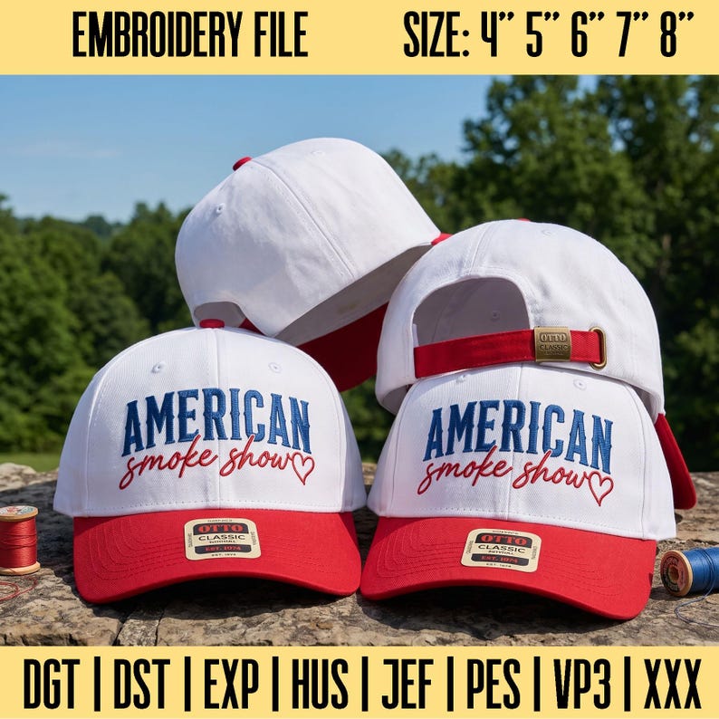 May include: A white baseball cap with a red brim featuring the embroidered text AMERICAN smoke show and a red heart. The cap has an adjustable red strap with a brass buckle and an Otto Classic sticker on the brim. Available in 4, 5, 6, 7, and 8 inches.