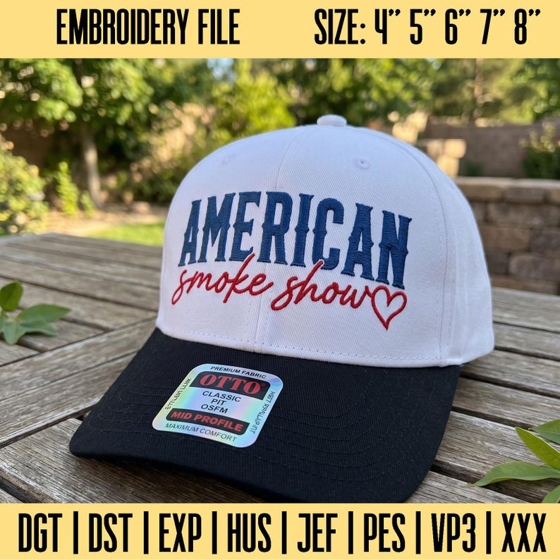 May include: A white baseball cap with a black brim featuring the embroidered text AMERICAN in blue block letters and smoke show in red cursive script with a red heart. A sticker on the brim reads OTTO CLASSIC FIT OSFM MID PROFILE.
