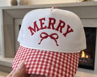 Merry Bow Embroidery File, Christmas Bow Hat Design, Coquette Christmas Cap Embroidery, Girly Holiday Hat Instant Download