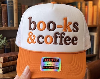 Boo-ks & Coffee Embroidery File, Book Lover Halloween Hat Design, Spooky Reading Cap Embroidery, Digital Download