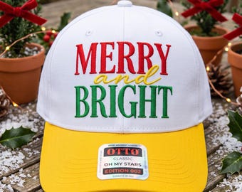 Merry and Bright Embroidery File, Christmas Hat Embroidery Design, Festive Holiday Cap Design, Retro Christmas Instant Download