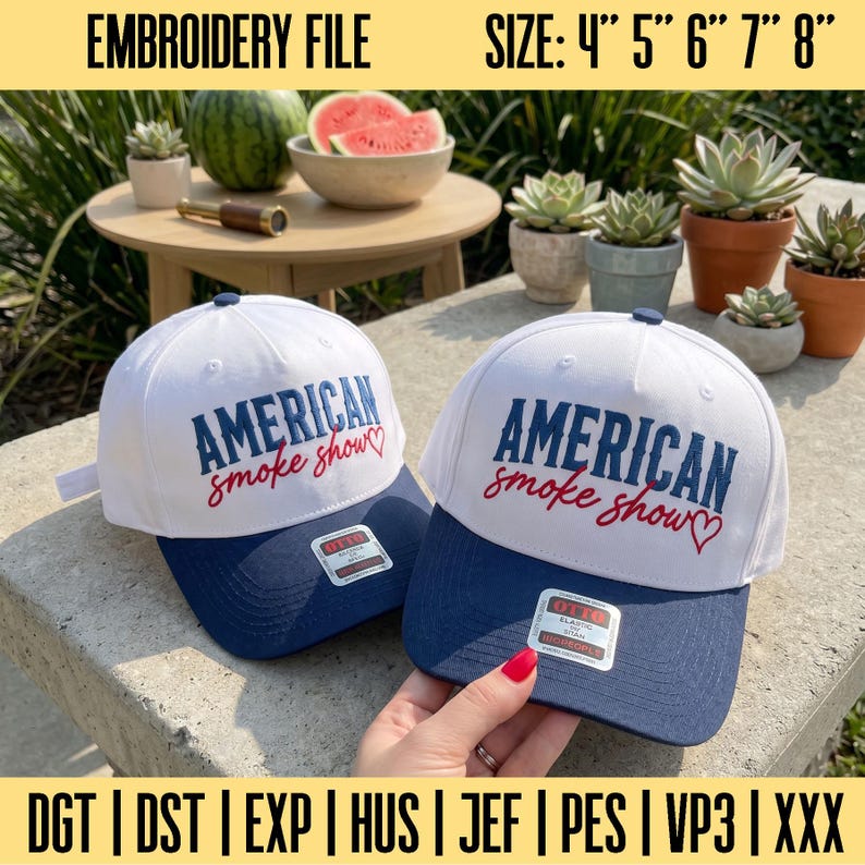 May include: Two white baseball caps with navy blue brims, featuring the embroidered text AMERICAN smoke show and a red heart. The caps include a sticker on the brim and are available in sizes 4, 5, 6, 7, and 8 inches for embroidery files.