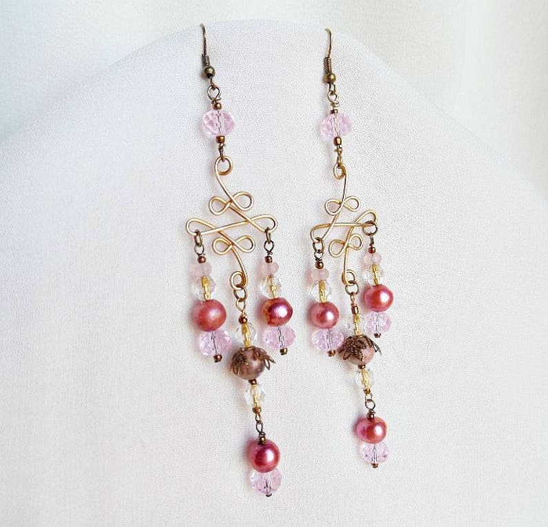 Victorian Chandelier Earrings Pink Pearl Earrings Crystal Etsy