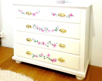 Chest of drawers PRINTEMPS Upcycled white handpainted pink flowers by SophieLDesign