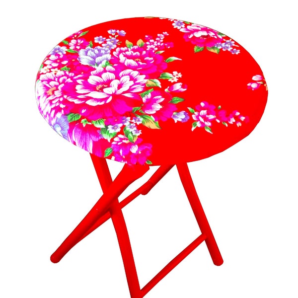 Tabouret pliant rouge TAIPEI motif floral customisé avec du tissu traditionnel de Taiwan par SophieLDesign
