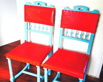 Chairs x 2 upcycled decorative chairs HENRI II's VACATION neo renaissance style chairs painted fun chairs by SophieLDesign