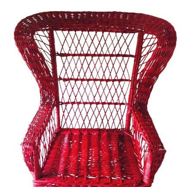 Fauteuil haut en rotin et bambou rouge vintage pièce originale rare recyclée par SophieLDesign